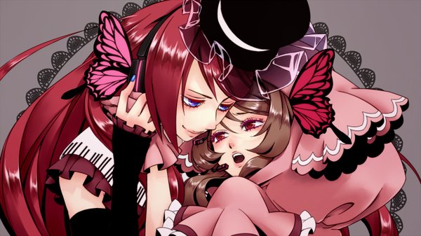 Anime-Bild 1440x810 mit vocaloid utau magnet (vocaloid) namine ritsu ooka miko hanaji long hair open mouth blue eyes red eyes brown hair wide image red hair nail polish light smile eye contact otoko no ko insect wings butterfly wings hand on headphones