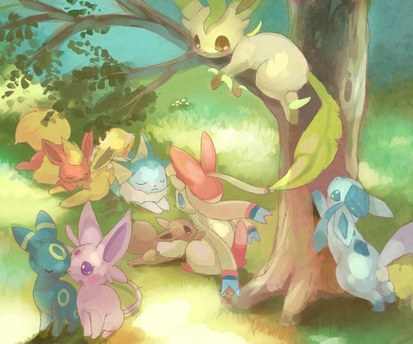 Anime picture 1000x833 with pokemon nintendo eevee umbreon espeon glaceon vaporeon leafeon flareon sylveon jolteon jinja^e^ru blush sitting lying couple group sleeping no people gen 1 pokemon