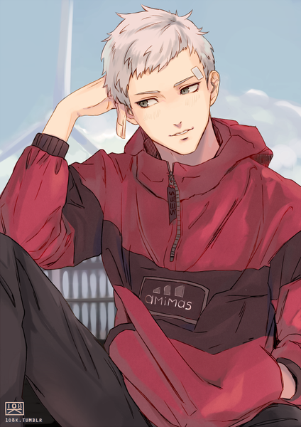 Anime picture 640x905 with persona 3 persona sanada akihiko 1o8k single tall image short hair sitting signed looking away sky grey hair grey eyes hand in pocket clothes writing bandaid on face brand name imitation boy hood hoodie