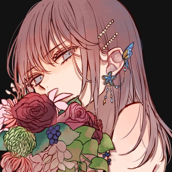 Anime picture 800x800 with original hatuki 82 single long hair looking at viewer simple background brown hair upper body grey eyes black background covered mouth girl flower (flowers) earrings bobby pin bouquet