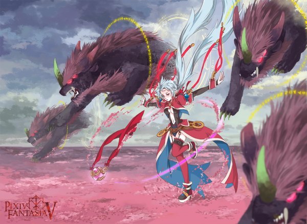 Anime picture 1231x900 with original pixiv fantasia pixiv fantasia v silver hair very long hair pink eyes teeth fang (fangs) glowing spread arms glowing eye (eyes) field girl thighhighs ribbon (ribbons) animal monster