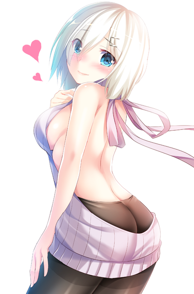 Anime picture 529x800 with kantai collection hamakaze destroyer izumi akane single tall image looking at viewer blush fringe short hair breasts blue eyes light erotic simple background white background white hair looking back hair over one eye sideboob girl pantyhose