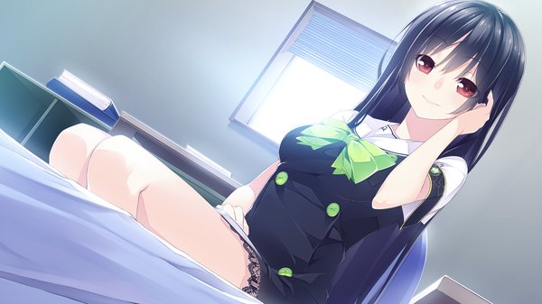 Anime picture 1280x720 with yume ka utsutsu ka matryoshka houri miyako single long hair black hair smile red eyes wide image sitting game cg adjusting hair girl uniform school uniform