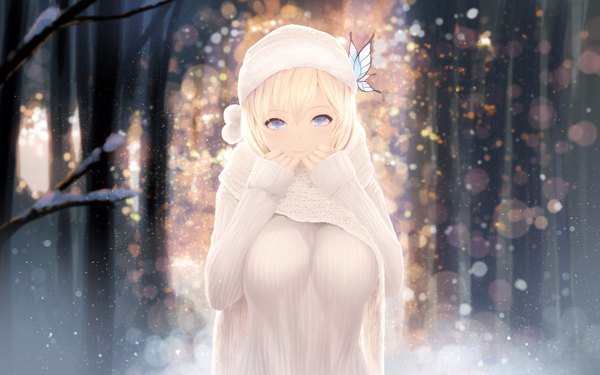 Anime picture 1920x1200 with boku wa tomodachi ga sukunai kashiwazaki sena cait single long hair looking at viewer fringe highres breasts blue eyes blonde hair smile hair between eyes upper body outdoors blurry depth of field lens flare sleeves past wrists snowing