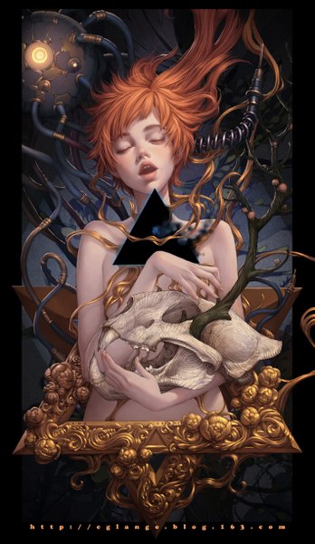 Anime picture 709x1221 with original lange single long hair tall image short hair open mouth holding eyes closed lips orange hair topless framed girl branch skull