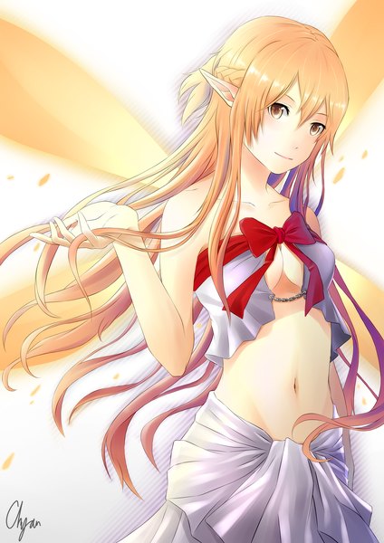 イラスト 2480x3507 と ソードアートオンライン a-1 pictures アスナ(SAO) titania (alo) kiyo (chaoschyan) eugene 長髪 長身像 highres おっぱい light erotic 金髪 黄色眼 light smile エルフ耳 女の子 ドレス へそ ちょう結び