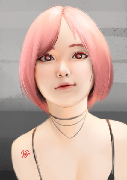 Anime picture 2480x3508 with original lika (jubi) jubi (regiana) single tall image looking at viewer highres short hair bare shoulders signed pink hair pink eyes light smile realistic lipstick symbol-shaped pupils heart-shaped pupils girl choker