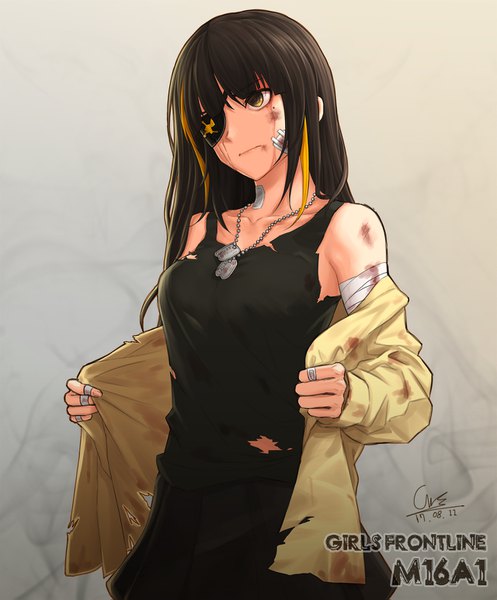 Anime picture 1280x1543 with girls frontline m16a1 (girls frontline) ch-chin-chilla single long hair tall image fringe breasts black hair simple background hair between eyes standing signed yellow eyes looking away multicolored hair mole open jacket two-tone hair streaked hair