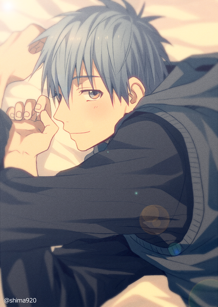 Anime picture 600x847 with kuroko no basket production i.g kuroko tetsuya mashima shima single tall image looking at viewer blush short hair smile lying profile fingernails aqua hair boy