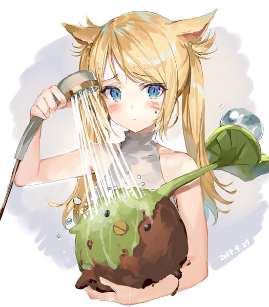 Anime picture 800x914 with final fantasy final fantasy xiv square enix miqo'te momoko (momopoco) single long hair tall image looking at viewer blush fringe blue eyes blonde hair simple background white background twintails animal ears upper body cat ears facial mark