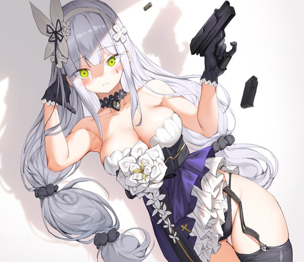Anime picture 2000x1728 with girls frontline hk416 (girls frontline) hk416 (starry cocoon) (girls frontline) lee seok ho single long hair looking at viewer blush fringe highres breasts light erotic simple background large breasts white background twintails bare shoulders holding green eyes payot