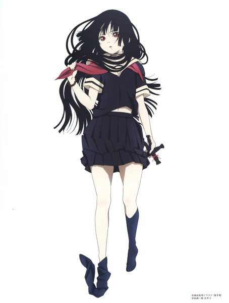 Anime picture 2544x3360 with hell girl studio deen enma ai single long hair tall image looking at viewer fringe highres black hair simple background red eyes white background lying scan pale skin girl uniform socks serafuku