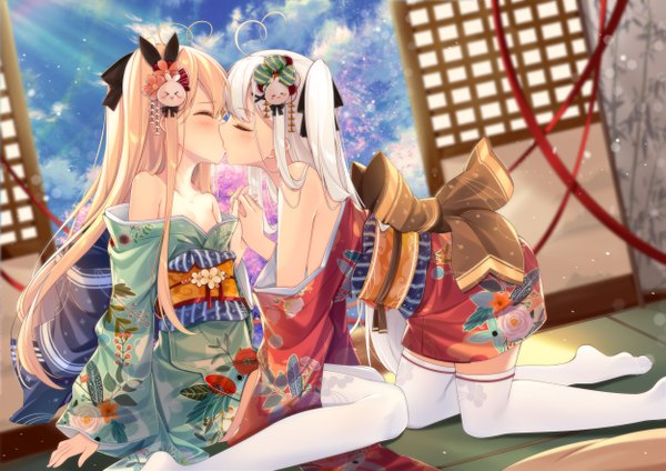 Anime picture 5000x3535 with niliu chahui tokisaki mio tokisaki asaba long hair blush highres light erotic blonde hair sitting bare shoulders multiple girls absurdres ahoge white hair indoors eyes closed traditional clothes japanese clothes profile sunlight