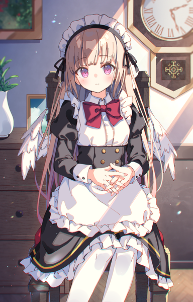 Anime picture 1107x1731 with original zoirun single long hair tall image looking at viewer blush fringe blonde hair sitting purple eyes indoors blunt bangs maid two side up interlocked fingers girl dress uniform wings