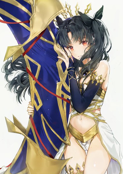 Anime picture 700x990 with fate (series) fate/grand order ishtar (fate) dangmill single long hair tall image looking at viewer blush fringe light erotic black hair simple background red eyes standing white background bare shoulders holding head tilt light smile