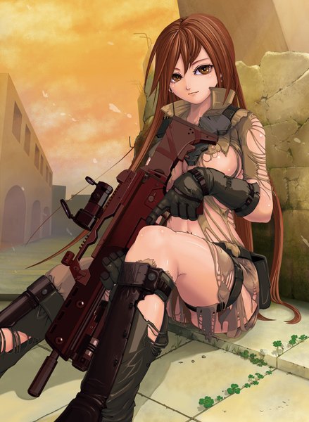 Anime picture 1200x1640 with original amajita single long hair tall image looking at viewer brown hair sitting brown eyes legs torn clothes girl gloves uniform weapon gun military uniform assault rifle