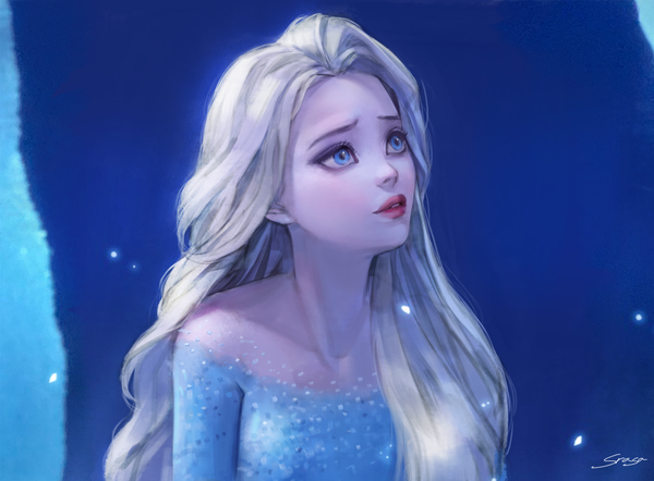 Anime picture 3193x2354 with frozen (disney) disney elsa (frozen) srasa single long hair highres blue eyes simple background blonde hair bare shoulders signed absurdres upper body parted lips off shoulder lipstick looking up blue background eyebrows