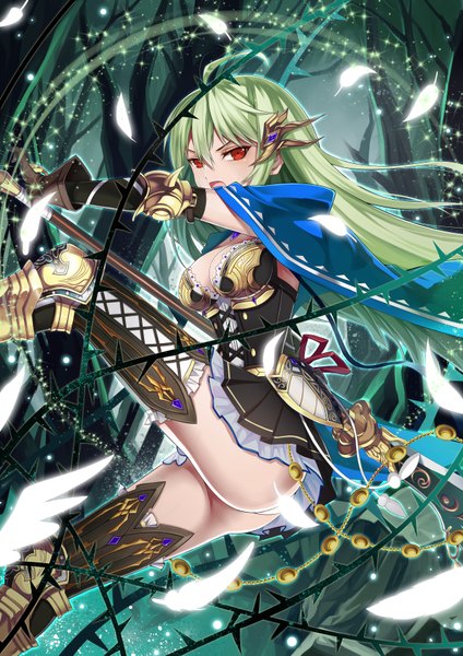 Anime picture 2480x3507 with original ling si single long hair tall image looking at viewer fringe highres breasts open mouth light erotic hair between eyes red eyes holding cleavage ahoge bent knee (knees) ass green hair leg lift (legs lift)