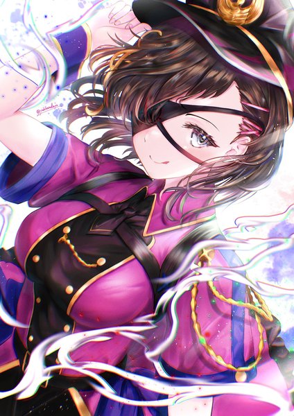 Anime picture 905x1280 with fate (series) fate/grand order mysterious ranmaru x (fate) yuki haru single tall image short hair smile brown hair signed upper body grey eyes twitter username adjusting hat girl hat bobby pin wrist cuffs eyepatch peaked cap