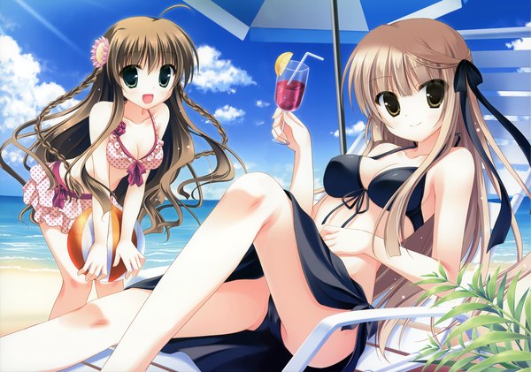 Anime picture 2143x1504 with rewrite senri akane kanbe kotori yukie (peach candy) long hair looking at viewer highres open mouth blonde hair smile brown hair multiple girls green eyes yellow eyes sky cloud (clouds) ahoge lying braid (braids) legs