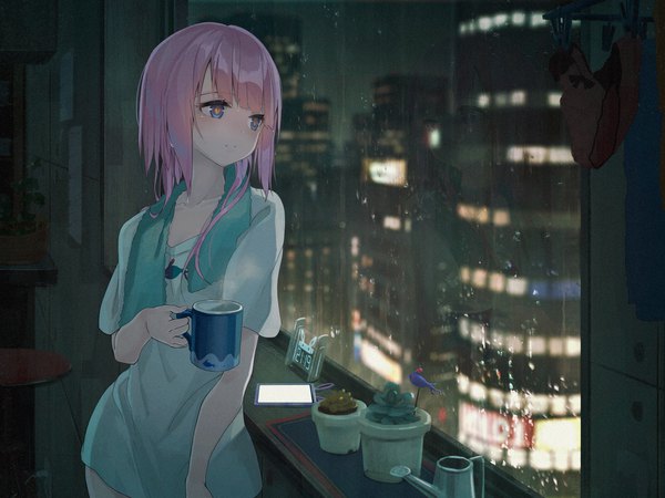 Anime picture 1920x1440 with virtual youtuber kamitsubaki studio virtual kaf kaf (kamitsubaki studio) anzi single highres short hair blue eyes standing looking away pink hair indoors rain towel around neck girl plant (plants) building (buildings) t-shirt clock