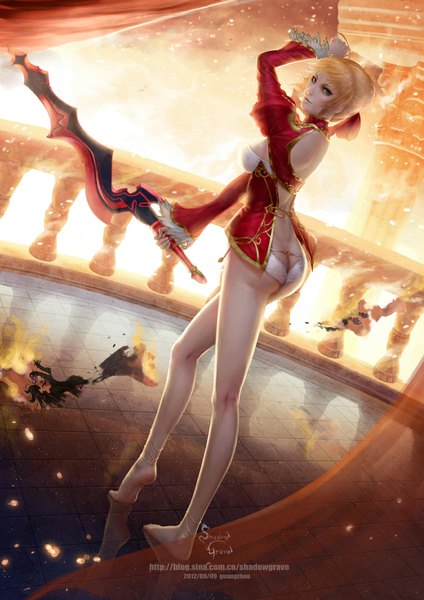Anime picture 764x1080 with fate (series) fate/extra type-moon nero claudius (fate) (all) nero claudius (fate) nreasts single tall image fringe light erotic holding barefoot aqua eyes bare legs alternate costume reflection glow girl underwear panties