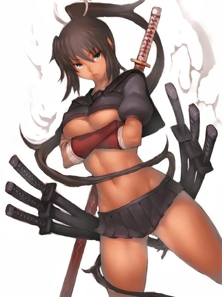 Anime picture 810x1080 with senran kagura homura (senran kagura) fumio (rsqkr) single tall image looking at viewer breasts blue eyes light erotic simple background brown hair white background ponytail very long hair midriff crossed arms tan girl skirt navel