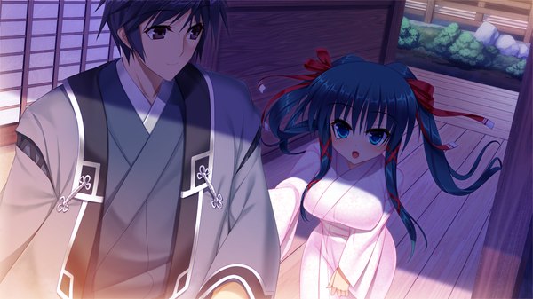 Anime picture 1280x720 with sengoku hime 5 long hair looking at viewer short hair open mouth blue eyes black hair wide image twintails blue hair game cg black eyes couple girl boy bow ribbon (ribbons) hair bow hair ribbon