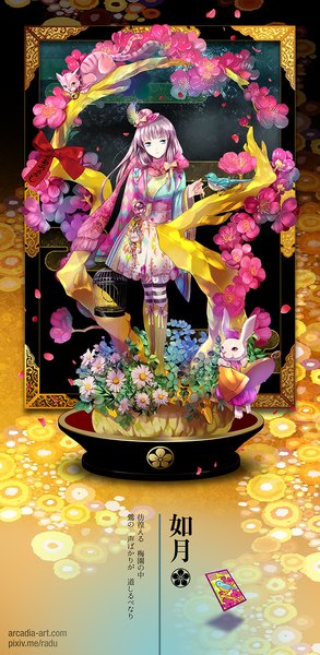 Anime picture 551x1128 with original yuu (arcadia) single long hair tall image looking at viewer blue eyes silver hair inscription hieroglyph girl dress flower (flowers) bow hair bow animal petals boots scarf bird (birds)