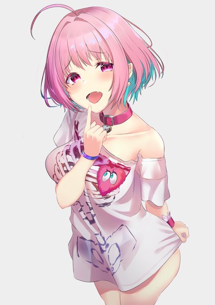 Anime picture 2893x4092 with idolmaster idolmaster cinderella girls yumemi riamu jun (aousa0328) single tall image looking at viewer blush highres short hair breasts open mouth light erotic simple background pink hair ahoge pink eyes multicolored hair from above off shoulder