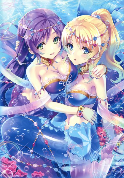 Anime picture 2732x3920 with love live! school idol project sunrise (studio) love live! toujou nozomi ayase eli long hair tall image looking at viewer blush highres breasts blue eyes light erotic blonde hair multiple girls green eyes purple hair ponytail hug monsterification