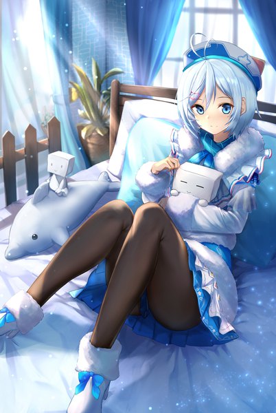 Anime picture 2744x4096 with virtual youtuber .live dennou shoujo siro agibe single tall image looking at viewer blush fringe highres short hair blue eyes light erotic hair between eyes sitting holding blue hair full body ahoge bent knee (knees)