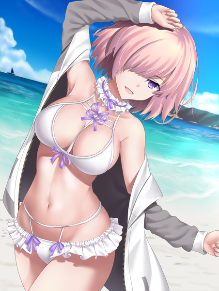 Anime picture 1482x1965 with fate (series) fate/grand order mash kyrielight nihnfinite8 single tall image looking at viewer blush fringe short hair breasts open mouth light erotic large breasts standing purple eyes pink hair sky cleavage cloud (clouds)