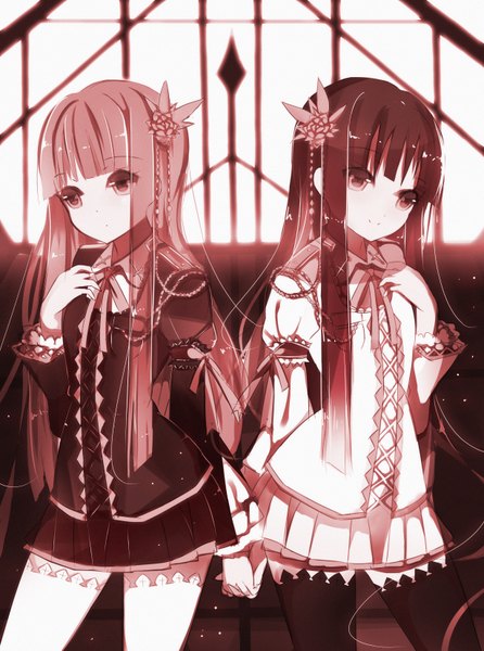 Anime picture 2460x3306 with original senya fuurin long hair tall image highres black hair brown hair multiple girls brown eyes holding hands girl thighhighs dress hair ornament 2 girls