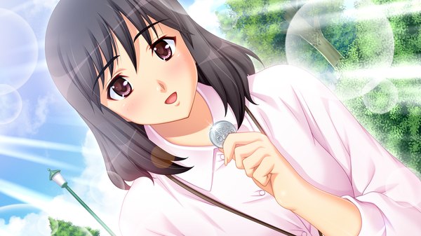 Anime picture 1280x720 with marriage blue skyhouse long hair open mouth black hair wide image purple eyes game cg girl shirt coin (coins)