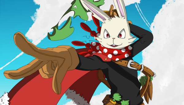 Anime picture 1249x720 with oumagadoki zoo (manga) shiina (zoo) mojo (artist) red eyes wide image bunny ears polka dot torn flag boy gloves animal belt scarf cloak vegetables bunny carrot