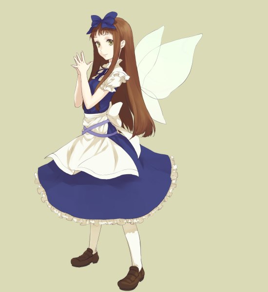 Anime picture 1100x1200 with touhou star sapphire egawa satsuki single long hair tall image looking at viewer fringe simple background smile brown hair standing brown eyes full body grey background insect wings girl dress bow ribbon (ribbons)