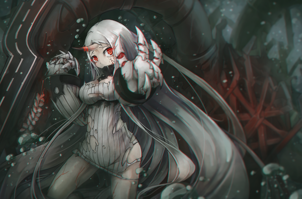 Anime picture 1800x1186 with kantai collection seaport hime kajaneko single looking at viewer highres breasts light erotic red eyes standing silver hair very long hair horn (horns) grey hair torn clothes underwater outstretched hand shinkaisei-kan girl bubble (bubbles)
