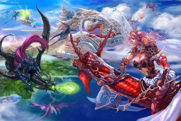 Anime picture 1500x1000 with xiaobotong long hair breasts light erotic pink hair sky cloud (clouds) lipstick magic flying battle girl boy gloves hair ornament weapon sword water armor staff