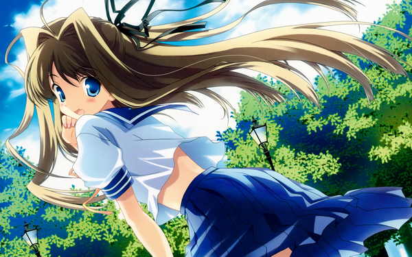 Anime picture 1920x1200 with original sunshine creation 10th anniversary 2009 calendar naruse hirofumi single long hair looking at viewer blush highres open mouth blue eyes brown hair wide image sky cloud (clouds) looking back wind wallpaper cropped girl uniform