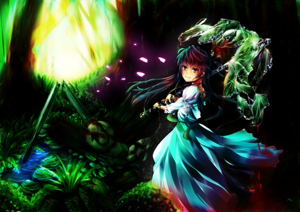 Anime picture 4092x2893 with original osomatsu (shinn2841) single long hair looking at viewer blush highres absurdres multicolored hair light smile black eyes green background girl dress plant (plants) petals umbrella