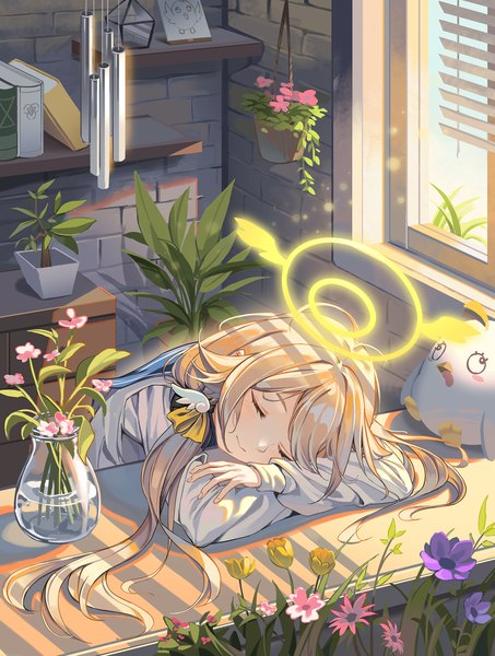 Anime picture 1531x2030 with blue archive hifumi (blue archive) peroro (blue archive) al guang single long hair tall image blonde hair smile indoors eyes closed shadow reclining sleeping girl flower (flowers) plant (plants) window halo potted plant