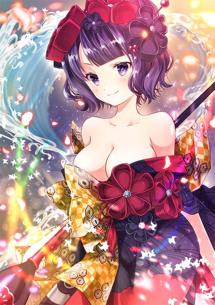 Anime picture 1061x1500 with fate (series) fate/grand order katsushika hokusai (fate/grand order) iroha (shiki) single tall image blush fringe short hair breasts light erotic large breasts purple eyes bare shoulders cleavage purple hair blunt bangs traditional clothes japanese clothes girl