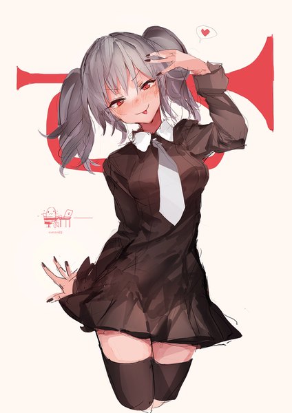 Anime picture 600x849 with lm7 (op-center) single long hair tall image blush fringe breasts smile red eyes standing twintails nail polish grey hair girl thighhighs dress black thighhighs necktie heart tongue