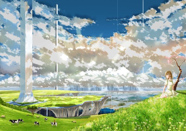 Anime picture 2000x1407 with original rery rr23 highres short hair blue eyes blonde hair sitting looking away sky cloud (clouds) barefoot sunlight girl dress flower (flowers) plant (plants) animal tree (trees) grass pillar