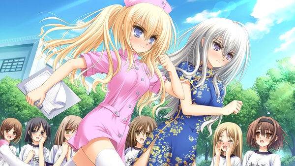 Anime picture 1024x576 with otome wa boku ni koishiteru otome wa boku ni koishiteru futari no elder kisakinomiya chihaya blue eyes blonde hair wide image purple eyes multiple girls game cg silver hair japanese clothes 6+ girls cosplay otoko no ko nurse 7 girls girl thighhighs boy white thighhighs