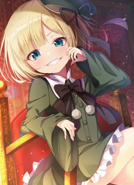 Anime picture 780x1071 with fate (series) fate/grand order lord el-melloi ii case files reines el-melloi archisorte matokechi single tall image looking at viewer short hair blonde hair smile aqua eyes arm support grin alternate age younger girl dress hat bowtie