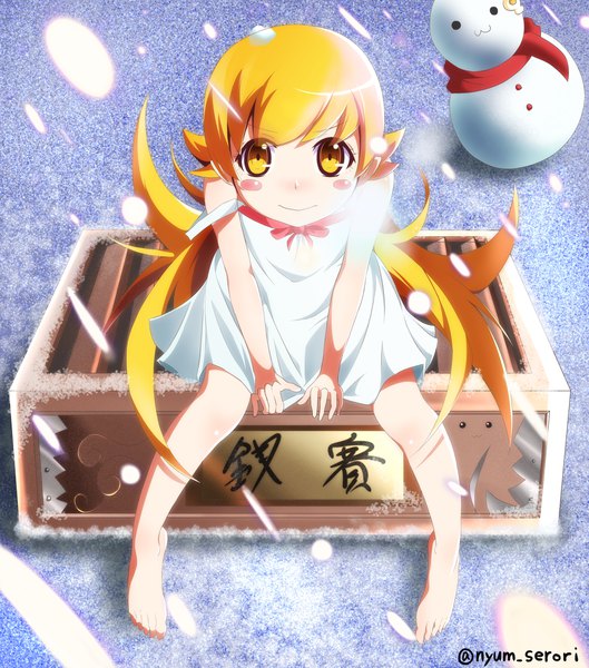 Anime picture 1988x2256 with bakemonogatari owarimonogatari shaft (studio) monogatari (series) oshino shinobu nyum single long hair tall image looking at viewer highres blonde hair smile sitting signed yellow eyes full body barefoot from above twitter username