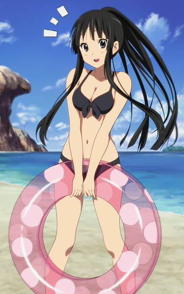 Anime picture 1344x2140 with k-on! kyoto animation akiyama mio tagme (artist) single long hair tall image light erotic black hair ponytail black eyes beach vector girl swimsuit bikini black bikini