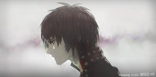 Anime picture 920x458 with dramatical murder nitro+chiral mizuki (dramatical murder) memipong single short hair simple background brown hair wide image signed profile grey background wet looking down face boy